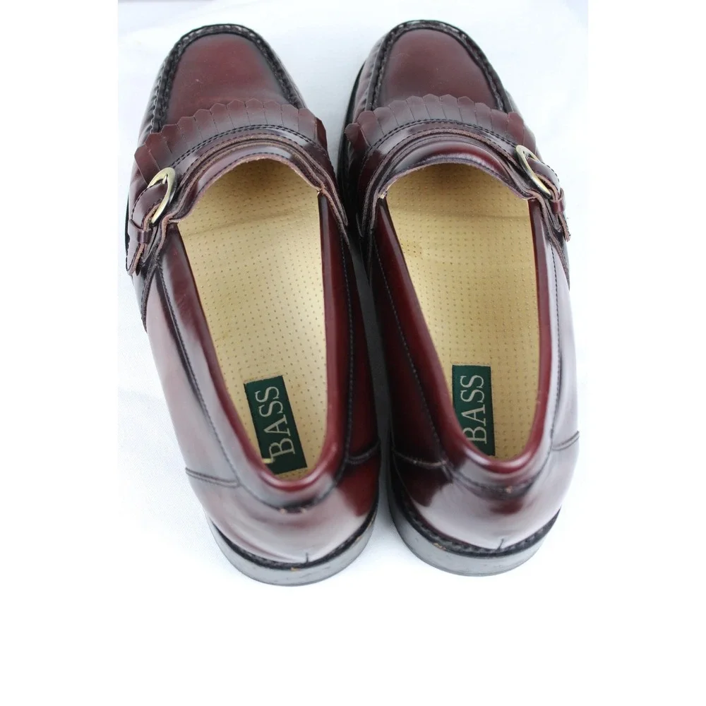 Bass Mens Burgundy Leather Kiltie Loafers Buckle Fringe SlipOn Dress Shoes 11.5M